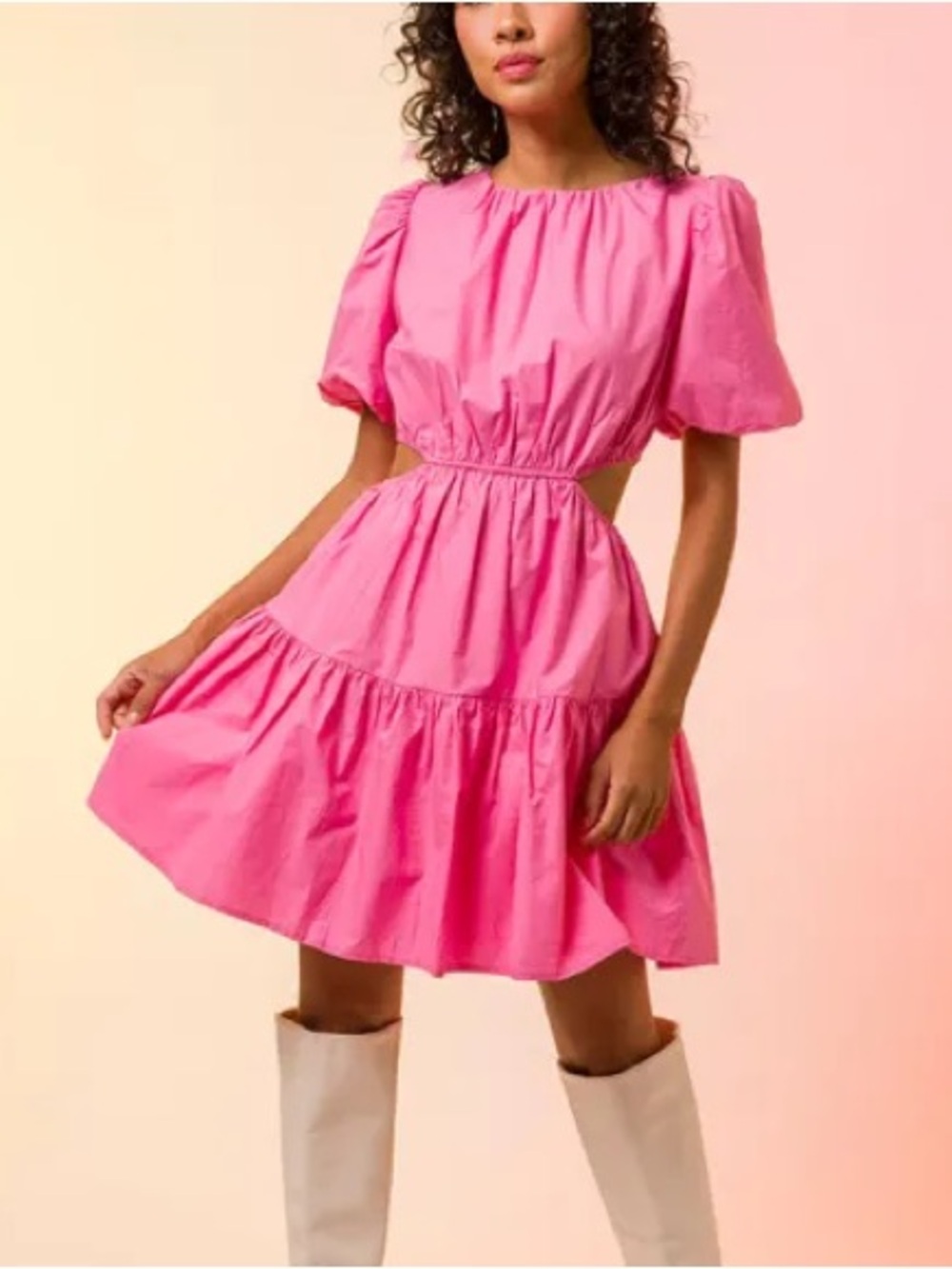 Pink Puff Sleeve Cutout Dress